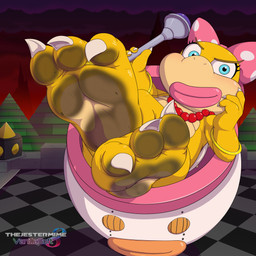 3_toes accessory barefoot bow_ribbon claws digit_ring dirty dirty_feet feet female foot_fetish foot_focus hair_accessory hair_bow hair_ribbon jewelry koopa_clown_car lips necklace pink_lips ribbons ring soles solo text toe_ring toes yellow_body thejestermime mario_bros nintendo koopaling wendy_o._koopa dragon_koopa koopa scalie 1:1 absurd_res artist_name hi_res