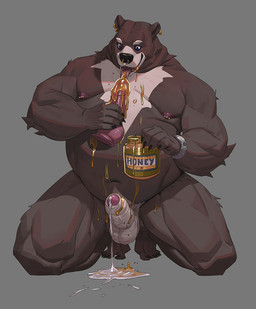 5_fingers anthro balls barazoku barbell_piercing biceps bodily_fluids clock cum cum_on_ground dildo ear_piercing ear_ring eating erection facial_piercing fingers food food_fetish food_play foreskin genital_fluids genitals glans honey_(food) humanoid_dildo humanoid_genitalia humanoid_penis kneeling male multiple_piercings musclegut muscular muscular_anthro muscular_male navel nipple_barbell nipple_piercing nipples nose_piercing nose_ring nude pecs penis piercing ring_piercing septum_piercing septum_ring sex_toy simple_background solo watch wristwatch nesskain bear mammal 2018