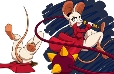 big_ears bottomless butt clothed clothing female flail fur long_coat melee_weapon pantsless solo spike_ball stuck_in_ground stuck_in_hole tail topwear topwear_only weapon whip white_body white_fur fuzzycogs mina_the_hollower yacht_club_games mina_(mina_the_hollower) mammal mouse murid murine rodent absurd_res hi_res