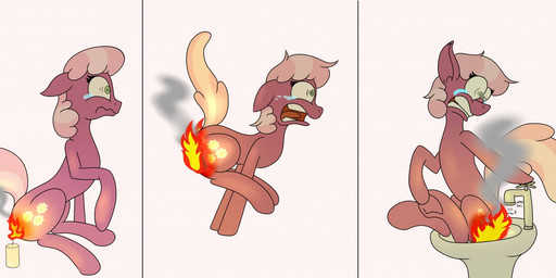 bodily_fluids burning butt_on_fire candle cutie_mark female feral fire pain sink smoke solo tail tears hot_rolls friendship_is_magic hasbro my_little_pony cheerilee_(mlp) earth_pony equid equine horse mammal pony comic digital_media_(artwork)