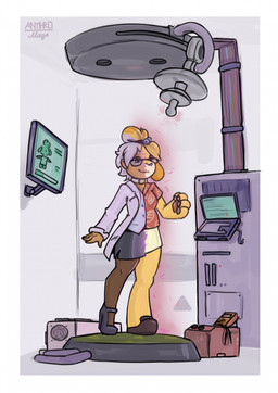 anthro bell blonde_hair border bottomwear breasts clothing computer electronics eyewear female footwear glasses grey_hair hair high_heels human_to_anthro machine pawpads progress_bar shoes skirt smile solo species_transformation standing transformation white_border anthromage animal_crossing nintendo isabelle_(animal_crossing) tara_greenfield canid canine canis domestic_dog human mammal 2025 hi_res