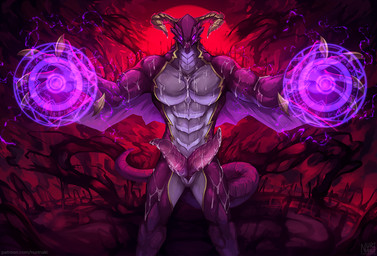 2_penises abs abstract_background animal_genitalia animal_penis anthro biped bodily_fluids claws corruption cum cum_on_arm cum_on_chest cum_on_face cum_on_leg cum_on_own_arm cum_on_own_chest cum_on_own_face cum_on_own_leg cum_on_own_penis cum_on_penis cum_on_self erection finger_claws genital_fluids genital_slit genitals glowing glowing_eyes hemipenes horn hypnotizing_viewer long_tail looking_at_viewer magic magic_circle male mind_control multi_genitalia multi_penis penis purple_body purple_eyes purple_scales red_background scales simple_background solo standing tail tapering_penis text nurinaki high_school_dxd mythology tannin_(high_school_dxd) dragon mythological_creature mythological_scalie scalie shaded url