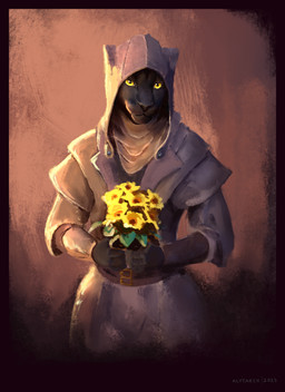 anthro black_body black_fur clothed clothing female flower fur hood looking_at_viewer plant simple_background solo topwear yellow_eyes alytarch microsoft the_elder_scrolls the_elder_scrolls_online khamira felid khajiit mammal pantherine digital_drawing_(artwork) digital_media_(artwork) digital_painting_(artwork) half-length_portrait hi_res painting_(artwork) portrait signature