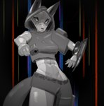 anthro cleavage_cutout clothing crop_top cutout cybernetics cyberpunk female fluffy fluffy_tail gesture hand_gesture leaning leaning_backward looking_at_viewer machine midriff pointing pointing_at_viewer pose shirt solo tail teasing topwear weapon banne canid canine fox mammal colored shaded