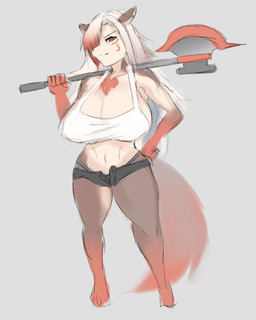 anthro axe big_breasts black_clothing black_thong black_underwear bottomwear breasts brown_body brown_ears brown_fur brown_hair brown_tail clothing female fur fur_markings hair long_hair looking_at_viewer markings multicolored_body multicolored_ears multicolored_fur multicolored_hair multicolored_tail red_body red_eyes red_fur red_hair red_markings red_tail shorts simple_background solo tail tan_body tan_fur tan_inner_ear thong topwear underwear white_background aspara fan_character weather_(aspara) canid canine mammal 2023 digital_drawing_(artwork) digital_media_(artwork) hi_res