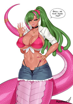 accessory alternative_fashion apode big_breasts bikini bikini_top bracelet breasts choker clothing colored_nails ear_piercing eyelashes eyeshadow fellatio_gesture female forked_tongue furgonomics gesture green_hair gyaru hair huge_breasts j-fashion jewelry legless living_hair makeup nails navel necklace piercing pink_body pink_scales ponytail pseudo_hair ring scales serpentine shirt snake_hair solo split_form suggestive suggestive_gesture swimwear tail tail_accessory tail_jewelry tail_ring tan_body tan_skin thong tied_shirt tongue tongue_out topwear two-piece_swimsuit underwear yellow_eyes pashapencil european_mythology greek_mythology mythology draconcopode gorgon lamia reptile scalie snake 2025 absurd_res hi_res