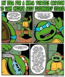 anthro belt border clothing faucet humor kerchief male sewer speech_bubble text water white_border onegianthand teenage_mutant_ninja_turtles leonardo_(tmnt) michelangelo_(tmnt) reptile scalie turtle comic english_text hi_res url