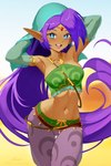 armwear blue_eyes breasts brown_body brown_skin clothing cosplay crossover_cosplay female gerudo_outfit hair humanoid_pointy_ears jewelry long_hair navel necklace not_furry pointy_ears purple_hair simple_background smile smiling_at_viewer solo text revenant_(artist) nintendo shantae_(series) the_legend_of_zelda wayforward shantae genie humanoid crossover hi_res signature url