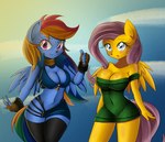 anthro anthrofied blue_body blue_eyes blue_feathers blush breasts cleavage clothed clothing dress duo feathered_wings feathers female fingerless_gloves gesture gloves hand_gesture handwear partially_clothed purple_eyes thumbs_up wide_hips wings yellow_body yellow_feathers d-xross danmakuman third-party_edit friendship_is_magic hasbro my_little_pony mythology fluttershy_(mlp) rainbow_dash_(mlp) equid equine mammal mythological_creature mythological_equine pegasus 2016 color_edit colored