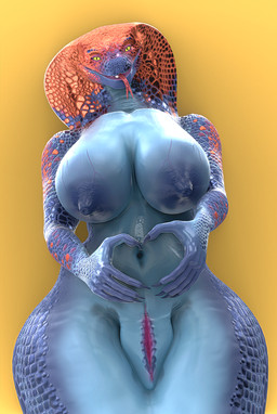 anthro apode big_breasts breasts female fingers genitals legless long_tail natural_breasts navel nipples non-mammal_nipples orange_eyes purple_body serpentine solo split_form tail vein veiny_breasts vulva wide_hips elsera draconcopode lamia naga reptile scalie snake hi_res
