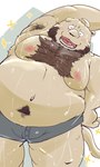 anthro belly bodily_fluids bulge clothing kemono male moobs navel nipples overweight overweight_male scar simple_background solo stretching sweat underwear dain_4201 bear mammal 2025 3:5 hi_res