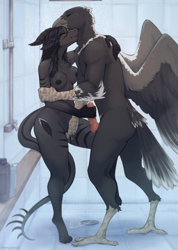 anthro anthro_on_anthro areola biped breasts butt duo erection feet female fingering fingers fur genitals hair horn inside male male/female nipples nude nude_anthro nude_female nude_male penis standing tail toes vaginal vaginal_fingering vulva wings mergremil mythology avian bird dragon mythological_creature mythological_scalie scalie 2026 digital_drawing_(artwork) digital_media_(artwork) hi_res