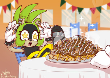 anthro belt bottomwear chair clothing dish ear_piercing ear_ring eyelashes female food footwear furniture gloves green_body handwear nachos open_mouth pants piercing ring_piercing shoes solo star_eyes table luchosfactory idw_publishing sega sonic_the_hedgehog_(comics) sonic_the_hedgehog_(idw) sonic_the_hedgehog_(series) surge_the_tenrec afrosoricid mammal tenrec 2026 absurd_res hi_res