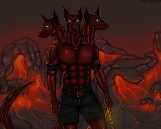 3_heads abs anthro belt biceps biped bottomwear clothed clothing fire front_view fur glowing glowing_eyes hell male multi_head muscular nipples pecs red_body red_fur red_skin scar shorts solo standing tail topless white_eyes eliana-asato european_mythology greek_mythology mythology canid canid_demon canine canis cerberus demon domestic_dog hellhound mammal mythological_canine mythological_creature 2012 5:4 digital_media_(artwork) portrait red_theme three-quarter_portrait