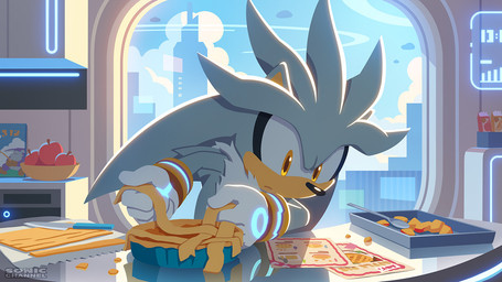 5_fingers anthro apple apple_pie baking biped black_nose blue_sky bracelet chest_tuft city city_background cityscape clothing cloud cloudy_sky conjoined_eyes cooking cutlery day fingers food fruit fur future futuristic futuristic_city futuristic_setting futuristic_theme gloves glowing glowing_markings grey_body grey_fur handwear inside jewelry kitchen kitchen_utensils knife light looking_at_paper looking_down male markings paper pastry pie pie_(food) plant quills_(anatomy) sky solo spoon sunlight tools tuft white_body white_clouds window window_light yellow_body yellow_eyes yellow_skin uno_yuuji sega sonic_channel sonic_the_hedgehog_(series) amy_rose big_the_cat silver_the_hedgehog eulipotyphlan hedgehog mammal 16:9 2025 cel_shading digital_drawing_(artwork) digital_media_(artwork) lineless official_art shaded wallpaper widescreen