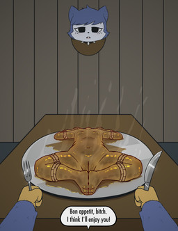 3_toes 4_fingers anthro bound buckteeth character_prepared_as_food collar corpse death degradation dialogue duo ear_piercing feet female female_death fingers first_person_view food_dressed fur_clothing fur_coat genitals gore gore_focus headless imminent_vore insult knife male male_pov mounted_trophy nude nude_female piercing plate profanity severed_body_part severed_head spiked_collar spikes steam teeth text toes vulva e254e kora_(e254e) mammal rodent sciurid tree_squirrel absurd_res english_text hi_res