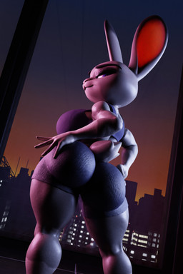anthro bedroom_eyes big_breasts breasts buckteeth city cityscape clothing eyelashes female fur grey_body grey_fur hand_on_butt inside looking_at_viewer looking_back multicolored_body multicolored_ears multicolored_fur muscular muscular_female narrowed_eyes purple_eyes seductive smile solo standing sunset tail teeth thick_thighs two_tone_body two_tone_ears two_tone_fur white_body white_fur fever-dreamer zebjo disney zootopia judy_hopps lagomorph leporid mammal rabbit 2:3 3d_(artwork) absurd_res digital_media_(artwork) hi_res