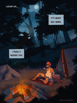 anthro bonfire bottomwear camping camping_tent clothed clothing dialogue fire forest fur hair half-closed_eyes male narrowed_eyes night outside plant shirt shorts sitting solo speech_bubble tail tank_top tent text topwear tree timberdonk rhys_(timberdonk) mammal procyonid raccoon 3:4 comic digital_media_(artwork) english_text hi_res