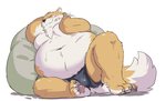 anthro belly blush bulge clothing fur kemono male overweight overweight_anthro overweight_male simple_background sitting solo underwear white_background white_body white_fur pukkunnnn canid canine canis domestic_dog mammal 2020