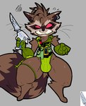 alternate_color anthro bodily_fluids bottomwear brown_body brown_fur bulge clothing ear_piercing ear_ring empty_eyes feet femboy fluffy fluffy_tail fur gloves green_clothing gun handwear hindpaw holster leotard leotard_under_clothing male paws piercing ranged_weapon red_eyes ring_piercing sharp_teeth simple_background solo sweat sweatdrop tail teeth thick_thighs tight_bottomwear tight_clothing weapon whiskers xexeezy guardians_of_the_galaxy marvel rocket_raccoon mammal procyonid raccoon alternate_version_at_source