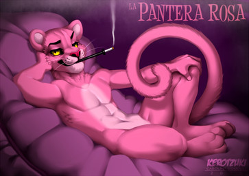 3_toes 5_fingers anthro anthrofied barefoot biped cigarette cigarette_holder collarbone featureless_chest featureless_crotch feet fingers fur hand_behind_head hand_on_leg looking_aside looking_at_viewer lying male nude on_back pink_body pink_fur pink_nose pose simple_background smile smoke smoking solo text toes whiskers yellow_eyes kero_tzuki metro-goldwyn-mayer pink_panther_(series) pink_panther felid mammal pantherine 2015 character_name digital_media_(artwork) pinup spanish_text translated