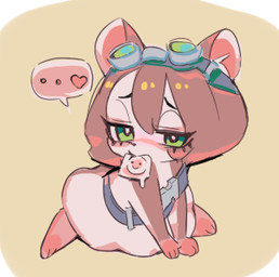 anthro bodily_fluids chibi condom condom_in_mouth eyewear eyewear_on_head female goggles goggles_on_head green_eyes heart_symbol kemono looking_at_viewer mouth_hold object_in_mouth saliva seductive sexual_barrier_device sitting solo seuppi ramsey mammal rodent sciurid tree_squirrel