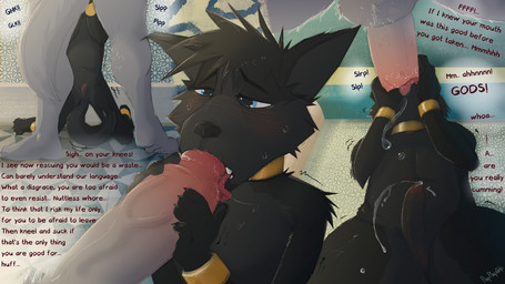 adult_on_young age_difference anthro armor black_body black_fur blue_eyes blush bodily_fluids bracers circumcised circumcision_scar collar cum dialogue dominant dominant_male duo ejaculation erection eunuch fangs foreskin fur genital_fluids genital_scar genitals grey_body grey_fur hands-free harem_boy humanoid_genitalia humanoid_penis kneeling larger_anthro long_foreskin male male/male male_penetrated male_penetrating male_penetrating_male navel nude older_anthro older_male oral oral_orgasm oral_penetration orgasm penetration penile penile_penetration penis penis_nursing penis_size_difference saliva saliva_on_penis saliva_string scar sex sex_slave shaking size_difference slave smaller_anthro submissive submissive_male sweat teeth text tight_foreskin tongue unretracted_foreskin young young_anthro young_male younger_anthro younger_male younger_penetrated dakkawoof plapplapgulp dakka canid canine canis mammal wolf 2021 absurd_res artist_collaboration english_text hi_res story story_in_description