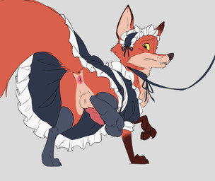 animal_genitalia animal_penis anus balls butt canine_genitalia canine_penis clothed clothed_feral clothing digitigrade embarrassed erection fangs feral footwear fur genitals knot knotted_penis leash leg_markings maid_headdress maid_uniform male markings orange_body orange_fur penis presenting quadruped raised_leg rear_view snout socks solo submissive teeth toony uniform yellow_eyes lewdango the_wild_robot fink_(the_wild_robot) canid canine fox mammal hi_res