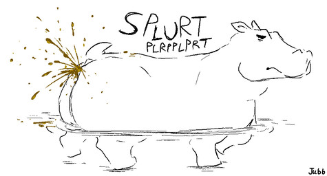 anus barely_visible_anus big_butt butt diarrhea feces female feral frown partially_submerged pooping pooping_into_water raised_tail side_view simple_background small_tail solo sound_effects spraying tail text vowelless vowelless_sound_effect water white_background jubb common_hippopotamus hippopotamid mammal 2023 artist_name