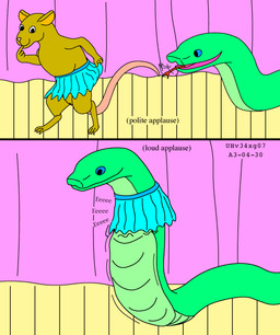 age_difference applause blue_bottomwear blue_clothing blue_eyes blue_skirt bottomwear brown_body brown_fur clothing duo eee eeking female feral feral_pred feral_prey forced fur green_body green_scales imminent_oral_vore imminent_vore larger_pred male nude_prey older_pred on_stage oral_vore pink_curtains public_vore scales serpentine_vore size_difference skirt stage stage_curtains tail text tongue unwilling_prey vore willing_pred young young_prey urbanhermit 2003 colored comic dated english_text