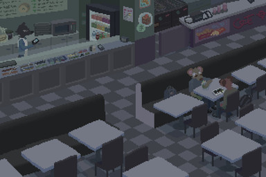 ambiguous_gender anthro appliance bleak_ambiance chair checkered checkered_floor food fridge furniture group kitchen_appliance male restaurant table trio demensa canid canine canis domestic_dog mammal mouse murid murine rodent 2021 3:2 digital_media_(artwork) pixel_(artwork)