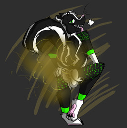 anthro anus balls butt claws fart fart_cloud fart_fetish fur genitals male multicolored_body multicolored_fur paws presenting presenting_anus presenting_hindquarters raised_tail relieved solo tail teasing teeth tongue tongue_out skunkdungeon ravick_the_skunk mammal mephitid skunk