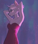 anthro arms_above_head breasts clothed clothing dress eyeshadow female makeup medium_breasts red_clothing red_dress solo captyns domestic_cat felid feline felis mammal hi_res