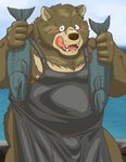 anthro apron belly blush brown_body brown_fur bulge clothing fur humanoid_hands kemono male moobs nipples outside overweight overweight_anthro overweight_male solo tongue tongue_out water raichoclub bear fish mammal marine 2019 hi_res