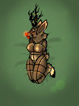 anthro antlers arms_tied ball_gag bdsm big_breasts bondage bound breasts christmas_decorations christmas_lights female gag holidays hooves horn nipples red_nose scut_tail sex short_tail solo string_light_bondage string_lights tail grimeire christmas rudolph_the_red-nosed_reindeer deer mammal new_world_deer reindeer 3:4 hi_res