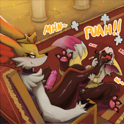 animal_genitalia animal_penis anthro anus balls big_penis blush bodily_fluids butt canine_genitalia canine_penis chair chastity_cage chastity_device claws crown cum cum_while_chaste detailed_background duo ejaculation erection feet flat_chastity_cage foot_fetish foot_lick foot_play fur furniture genital_fluids genitals hair hands-free headgear inner_ear_fluff knot licking lying male male/male nude on_ground open_mouth orgasm pawpads paws penis sex simple_background smile smirk tail teeth text throne toe_lick toes tongue tongue_out tuft vein veiny_penis white_body yellow_body yellow_fur retromander nintendo pokemon chi_(mischiefmaster) fan_character grey_(dgbraixen) braixen canid canine canis delphox generation_6_pokemon mammal pokemon_(species) 1:1 digital_media_(artwork) hi_res