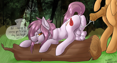 amber_eyes animal_genitalia animal_penis anus backsack balls bodily_fluids butt cum cum_in_vagina cum_inside cutie_mark dialogue duo equine_genitalia equine_penis erection faceless_character faceless_male feral flaccid from_behind_position fur genital_fluids genitals hair herm herm/male herm_feral intersex intersex/male intersex_feral log lying male nude on_front outside penis pink_hair presenting presenting_hindquarters purple_body purple_fur quadruped sex solo_focus standing text vaginal vulva wood hellticket hasbro my_little_pony fan_character equid equine horse mammal pony 2014 english_text