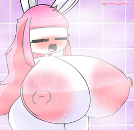 anthro areola big_breasts blush breasts eyes_closed female hair huge_breasts huge_hips huge_thighs hyper hyper_breasts masturbation nipples pink_areola pink_hair pink_nipples shower_masturbation solo thick_thighs water white_body wide-open_mouth wide_hips jeibii_(ph) sweetie_(jeibii) lagomorph leporid mammal rabbit hi_res