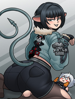 black_hair blue_eyes bottomwear butt clothing duo eyebrows eyelashes feet female fingerless_gloves gloves hair handwear jacket kneeling male shorts smile topwear blazbaros mihoyo zenless_zone_zero jane_doe_(zenless_zone_zero) animal_humanoid human humanoid mammal mammal_humanoid murid murid_humanoid murine murine_humanoid rat_humanoid rodent rodent_humanoid thiren 2025 3:4 hi_res