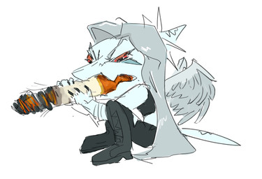 anthro blue_body chibi cigarette eyes_closed feathered_wings feathers female grey_hair hair humor long_hair simple_background smoking smoking_cigarette solo white_background wings d._(artist) cavemanon_studios goodbye_volcano_high ko_op_(game_developer) snoot_game fang_(gvh) prehistoric_species pterosaur reptile scalie