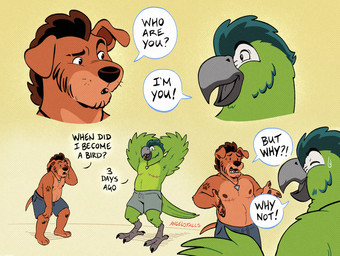 alternate_form anthro areola avian_feet barefoot beak bodily_fluids bottomwear brown_body brown_fur clothed clothing confusion curious dialogue digitigrade duo eyebrow_slit eyebrows facial_hair feathers feet floppy_ears footprint fur green_body hair hands_behind_head head_tuft jewelry male male_anthro mastectomy_scar mohawk necklace non-mammal_mastectomy_scar open_mouth pawpads pawprint pawprint_tattoo plantigrade scar short_male shorts simple_background snout speech_bubble stocky sweat sweatdrop tail tail_feathers talking_to_another tattoo teal_hair text toony topless topless_anthro topless_male tuft visibly_trans winged_arms wings angelofalls conditional_dnp avian bird bird_dog canid canine canis domestic_dog hunting_dog labrador macaw mammal neotropical_parrot parrot pit_bull pitador retriever true_parrot comic digital_drawing_(artwork) digital_media_(artwork) english_text handwritten_text widescreen trans_(lore) trans_man_(lore)