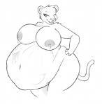 ambiguous_gender ambiguous_prey anthro anthro_pred belly big_belly big_breasts bodily_fluids breasts ear_piercing female female_pred huge_belly huge_breasts implied_unbirth lactating navel nipples overweight piercing solo unbirthing vaginal vore carnivorousvixen felid lion mammal pantherine digital_media_(artwork) hi_res monochrome