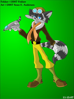 anthro boots bottomwear brown_boots brown_clothing brown_footwear brown_jacket brown_topwear clothing eyewear eyewear_on_head flight_jacket footwear goggles goggles_on_head green_background holding_object holding_toy jacket male orange_scarf pants scarf shoes simple_background solo topwear toy toy_plane yellow_bottomwear yellow_clothing yellow_pants sean_e._andersen fokker_(raccoon) mammal procyonid raccoon 2007 3:4