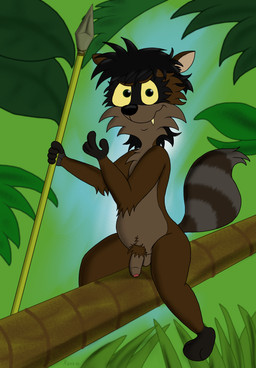 anthro balls flaccid foreskin genitals humanoid_genitalia humanoid_penis male melee_weapon nude partially_retracted_foreskin penis polearm pubes solo spear straddling tribal weapon rasik mammal procyonid raccoon absurd_res hi_res