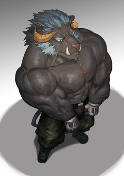 abs anthro belt big_muscles black_body black_fur blue_hair boots bottomwear camo camo_bottomwear camo_clothing camo_pants camo_print clothed clothing combat_boots fingerless_gloves footwear fur gloves hair handwear high-angle_view horn male muscular muscular_anthro muscular_male nipples pants pattern_bottomwear pattern_clothing pattern_pants pecs pink_nose scar shoes simple_background solo topless triceps tusks traver009 lifewonders tokyo_afterschool_summoners krampus_(tas) demon felid lion mammal pantherine 2018 absurd_res hi_res