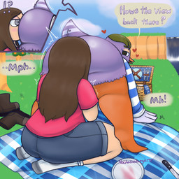 anthro big_butt bottomless bottomwear brown_hair butt clothed clothing dialogue duo exclamation_point face_in_ass facesitting female female/female hair half-closed_eyes heart_symbol looking_back narrowed_eyes outside purple_body question_mark short_stack sitting_on_another speech_bubble standing_on_toes surprised text thick_thighs topwear wide_hips nocheeseburger animal_crossing nintendo bb_(nocheeseburger) mallary_(animal_crossing) anatid anseriform avian bird duck human mammal 1:1 2025 digital_media_(artwork)