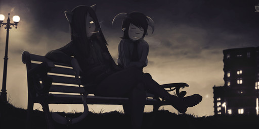 2_horns accessory anthro bench black_boots black_clothing black_eyes black_footwear black_hair black_jacket black_legwear black_topwear blush boots breath building cigarette clenched_teeth clothed clothing crossed_arms crossed_legs duo ear_piercing eyes_closed female footwear freckles fur furgonomics grass grey_body grey_fur hair hair_over_eye horn jacket legwear lightpole long_hair looking_at_another night one_eye_obstructed open_clothing open_jacket open_topwear outside park_bench piercing plant shaking shivering shoes sitting smoking spiked_tailband tail tail_accessory tailband teeth topwear yellow_sclera bzeh carla_guzman charlotte_parra bovid caprine domestic_cat felid feline felis mammal sheep 2021 hi_res restricted_palette