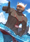 anthro blush brown_body brown_fur clothing fur hair hat headgear headwear male muscular muscular_anthro muscular_male nude scar sea sky solo tail water white_hair yellow_sclera agitongunohoken agitoryuusaki lifewonders tokyo_afterschool_summoners tadatomo_(tas) canid canine canis domestic_dog mammal 2024 absurd_res hi_res