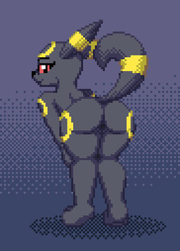 anthro anthrofied black_body black_fur butt female flat_chested fur looking_at_viewer nude pokemorph simple_background smile solo standing tail zeka10000 nintendo pokemon eeveelution generation_2_pokemon pokemon_(species) umbreon digital_media_(artwork) low_res pixel_(artwork)