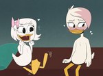 accessory adolescent anatid anseriform anthro avian avian_butt bedroom bird blush bow_ribbon canon_couple casual_nudity disney duck ducktales ducktales_(2017) duo excited featureless_chest female female/female hair_accessory hair_bow hair_bow_only hair_ribbon happy heart_symbol hi_res highlights_(coloring) lena_(ducktales) lena_de_spell mr._blue_(artist) nude open_mouth open_smile overjoyed pink_hair_bow ribbons smile webby_vanderquack young